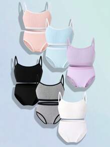 6件套女童纯色纹理面料吊带背心和内裤套装，粉色、紫色、灰色、蓝色、黑色、白色，采用有机棉制成