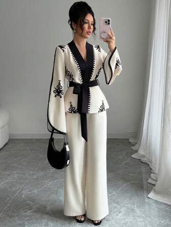 Rafferiza 2pcs Casual Spring/Autumn Outfit: Tie-Up Waist Floral Print Splice Jacket And Matching Straight Loose Pants, Elegant For Parties, Weddings, Holidays Fall Cloth For Women