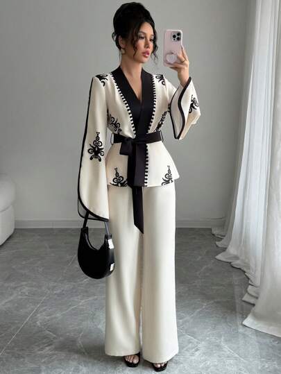 Rafferiza 2 件套休闲春秋装：系带腰部花卉印花拼接夹克和配套直筒宽松裤，适合派对、婚礼、度假