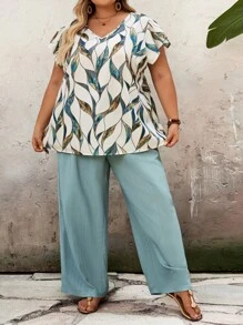 SHEIN CURVE+ 大码 2 件/套度假休闲全印花衬衫和纯色裤子，女士夏季服装，飘逸裤子，复活节，波西米亚，度假，曲线加大码，波西米亚度假海滩服装女士/海滩/海滩度假服装/海滩必需品/毕业/茶会 - 綠色 - 查看 7