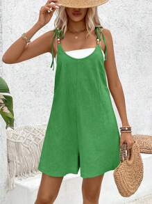 Breezaya Plain Washed Cotton Round Neck Beaded Jumpsuit - Dark Green - View 3