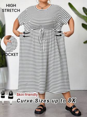 SHEIN CURVE+ Plusstorlekar Dam Sommar Casual Svart Midjebälte Nedan (Med Fickor) Lång Lös Kortärmad Klänning, Curve Plus, Boho Semester Strandkläder För Dam/Strandklänning/Strandsemesterkläder/Strandessentials/Examen/Tebjudningsklänning