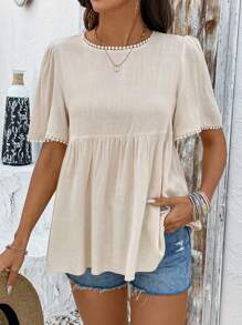 SHEIN PETITE Áo sơ mi tay ngắn cổ tròn vải lanh thoải mái cho kỳ nghỉ dành cho nữ, mùa xuân/hè - Màu be - Xem 6