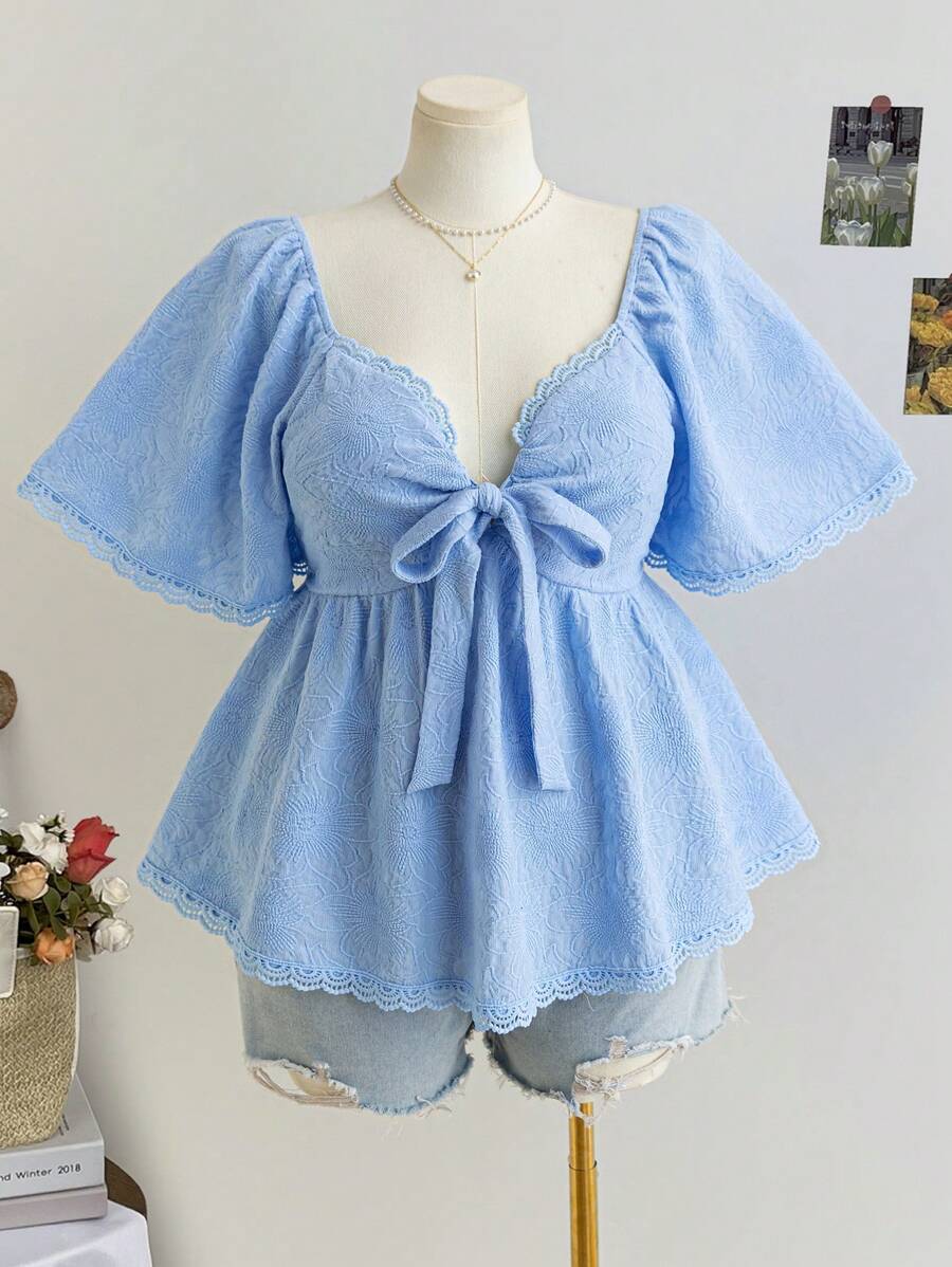 Soleia Women Plus Size Floral Textured Fabric Sweetheart Neck Bowknot Ruffle Short Sleeve A-Line Blouse, Spring Resort - Blue - View 1