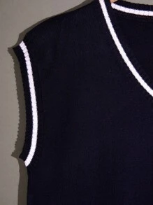 RueChic Men Solid Contrast Stripe Regular Sweater Vest - Navy Blue - View 5