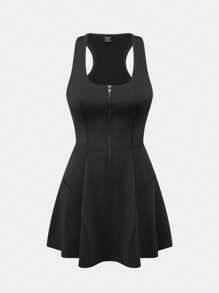 Menodora SHEIN Sport Movishi Anti-UV Women's Casual Black Knitted Sleeveless Scoop Neck Short Jumpsuit With Zipper Detail - Black - View 7