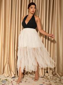 Allurite Plus Size Backless Halter Midi Party Dress: Sleeveless Apricot Tulle Dress With Pleated Details And A Flared Hem For Summer - Apricot - View 6