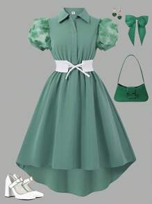 SHEIN Explorewe Teen Girl French Retro Shirt Dress, Flowing & Soft, Loose & Comfortable, Snug Fit & Elegant Look For Summer - Green - View 1