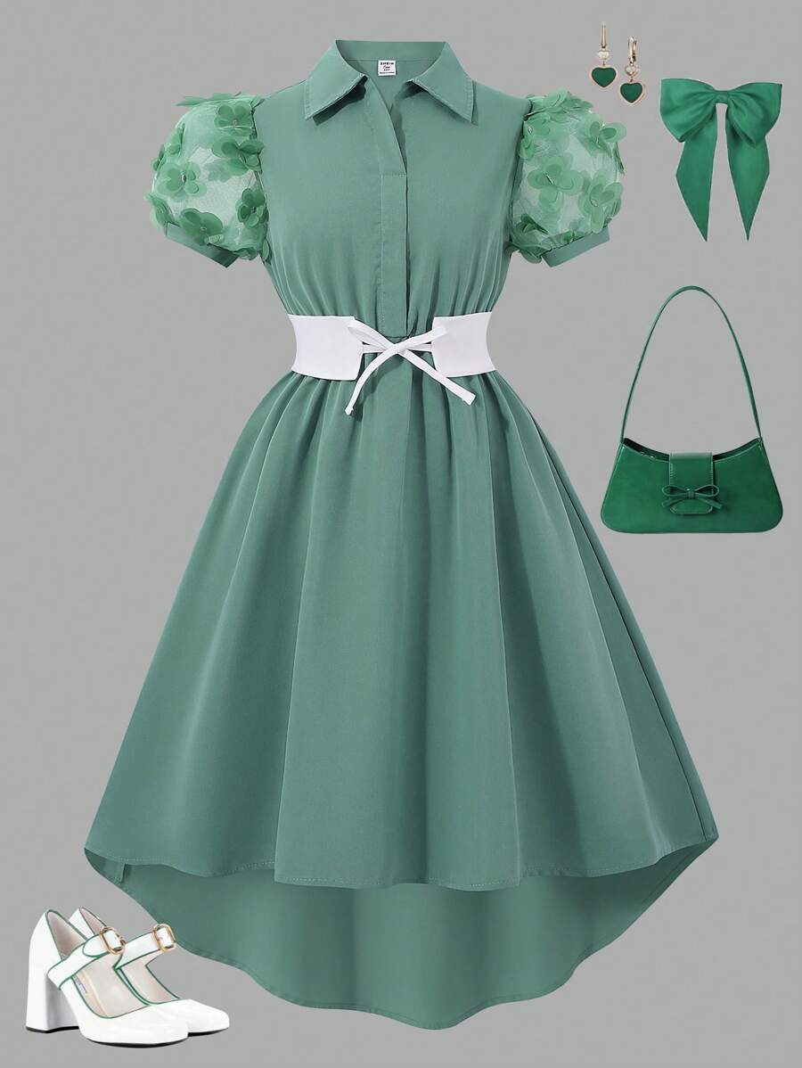 SHEIN Explorewe Teen Girl French Retro Shirt Dress, Flowing & Soft, Loose & Comfortable, Snug Fit & Elegant Look For Summer - Green - View 1