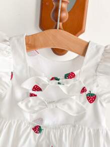 Cozy Pixies Baby Girl Strawberry Print Round Neck Ruffled Waist Casual Dress, Versatile - White - View 4