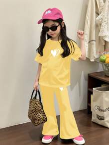 SHEIN Leap Crew 青少年女孩休闲简约短袖和裤子两件套，适合夏季 - 黃色 - 查看 5