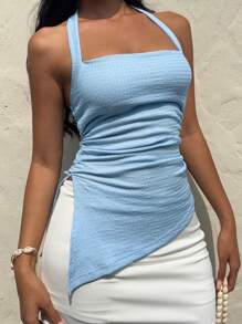 Sunnyshic Top camiseta informal de vacaciones para mujer, bajo asimétrico con abertura lateral, diseño de lazo de tirantes finos, verano