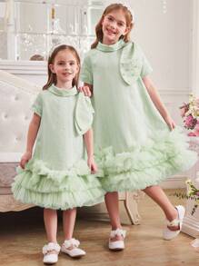 SHEIN Young Girl Sage Green Summer Elegant Wedding Guest 3D Bow Decor Woven Mesh Ruffle Hem Patchwork A-Line Cake Dress,Gorgeous Princess Party Occasions - Green - View 4