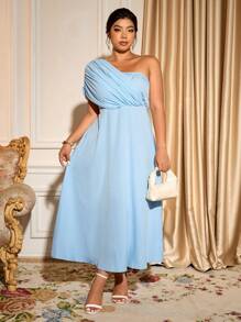 Cravure 大码女式优雅露肩雪纺腰泡泡袖长裙，舞会礼服 - 藍色 - 查看 7