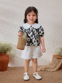 Blossori Baby Girls Elegant French Style Black Ditsy Ditsy Floral Loose Blouse, Spring/Summer - Black and White - View 6