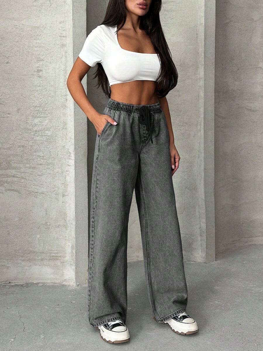 EURMUSE WOMEN Elastic Waist & Belted Cargo Denim JEANS MID WAIST - Light Grey - View 1