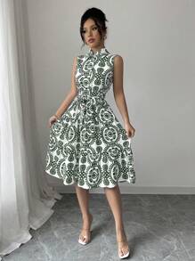 Elenzga Women's Elegant Sleeveless Full Print Dress With Belt - Green - View 5