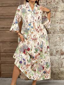SHEIN LUNE Váy búp bê dài chấm đất 4 lớp họa tiết hoa nhỏ màu hồng cỡ lớn cho Ngày của Mẹ, Váy bồng bềnh - Nhiều màu - Xem 4