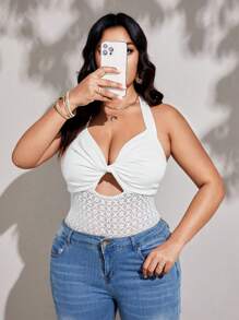 Viva Relle Women's Summer Plus Size Twisted Stitching Bowknot Hollow Lace Stitching Halter Top - White - View 5