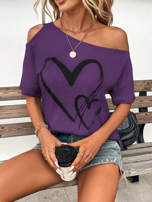 SHEIN Clasi Women Casual Asymmetric Neck Heart Print T-Shirt, Summer Off The Shoulder Top