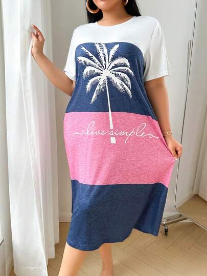 SHEIN Plus Size Coconut Trees Print Colorblock Short Sleeve Nightgown