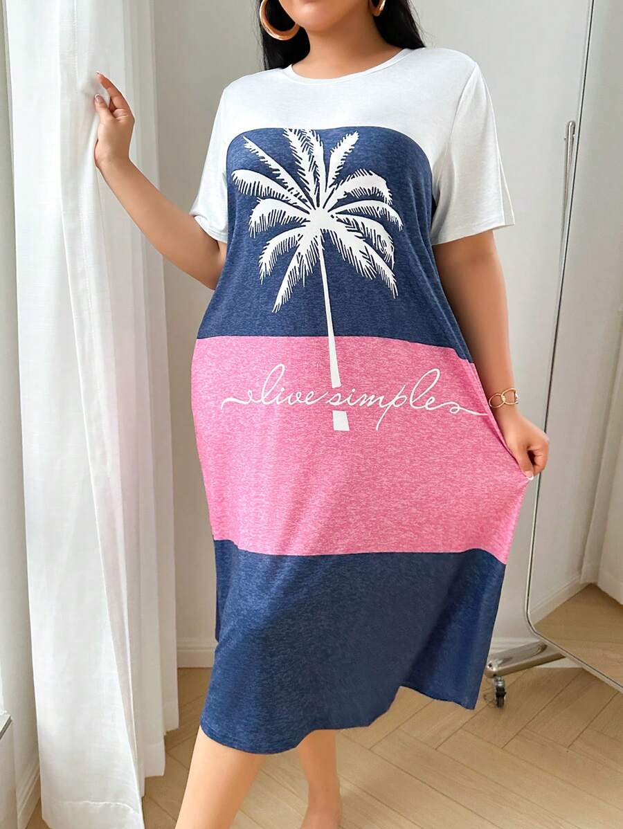 SHEIN Áo ngủ tay ngắn in hình cây dừa cỡ lớn màu khối - Nhiều màu - Xem 1
