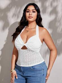 Viva Relle Women's Summer Plus Size Twisted Stitching Bowknot Hollow Lace Stitching Halter Top - White - View 4