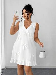 Elenzga Vestido elegante de talla grande para verano con acento de lazo y volantes en el dobladillo