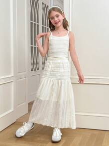 SHEIN 2件套青少年女孩休闲吊带背心和纹理短裙套装