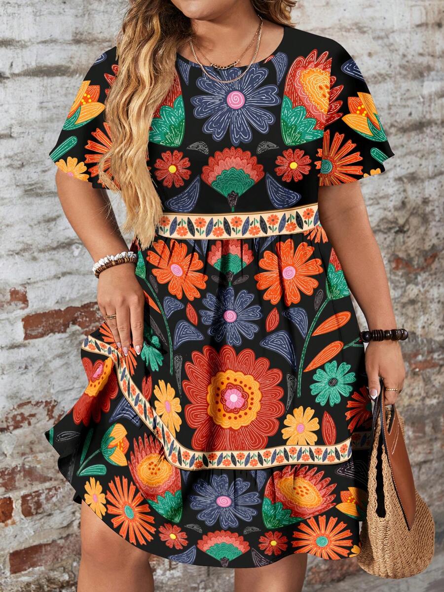 EMERY ROSE Vestido casual de manga corta, cuello redondo y corte holgado con estampado floral, adecuado para primavera y verano en tallas grandes