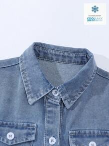 SHEIN Vintaside Kids Vestido vaquero azul claro de manga corta y cuello decorado con lazo, suelto y cómodo, para niñas