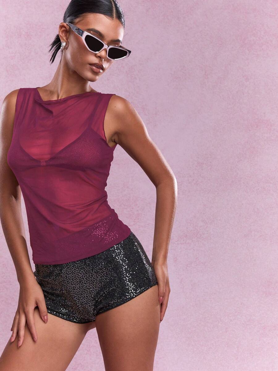 MISSGUIDED Người Thiết Kế Thiết Kế Lưới Lớp Phủ Xe Tăng Hàng Đầu Không Tay Biểu Diễn Thể Thao Tập Luyện Hàng Đầu Phòng Tập Khiêu Vũ Biểu Diễn Mặc Lễ Hội Thời Trang Bữa Tiệc Câu Lạc Bộ Thiết Yếu - Màu Hồng Tươi - Xem 1
