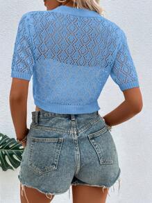 SHEIN LUNE Summer Casual Solid Color Hollow Knitted Short Sleeve Cardigan - Baby Blue - View 2