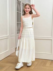 SHEIN 2件套青少年女孩休闲吊带背心和纹理短裙套装