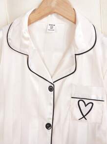 SHEIN 青少年女孩可爱休闲条纹和心形刺绣舒适短袖和裤子两件套睡衣套装 - 香檳色 - 查看 4