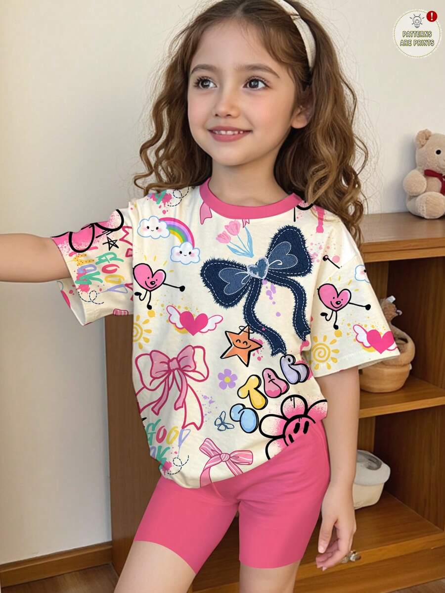 SHEIN 2pcs/Set Young Girl Casual Cute Hand-Painted Cartoon Bowknot Print Short Sleeve Top And Shorts Set, Suitable For Summer - Multicolor - View 1