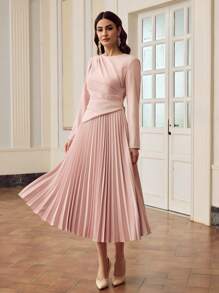 ZEYLAH Women Woven Solid Color Round Neck Long Sleeve Pleated Hem Elegant Dress - Pink - View 6