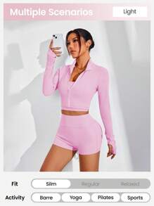 SHEIN Sport Studio 3pcs Women Yoga Sports Suit, Casual Sexy Outdoor Running U-Neck Vest, Comfortable Tightening Buttocks Shorts, High Collar Long Sleeve Thumb Hole Jacket For Fitness Commute
