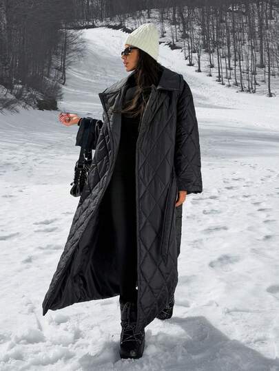EURMUSE Women Elegant Long Black Quilted Oversized A-Line Belted Coat