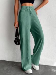 EURMUSE Petite Women's Solid Color Long Waist Drawstring Pants - Mint Green - View 4