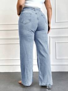 EURMUSE Plus Size Casual Washed High-Waisted Straight-Leg Jeans - Baby Blue - View 2