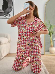RueChic Set de pijama para mujer de 2 piezas con botones delanteros y estampado de cuadros y osos, para usar en casa