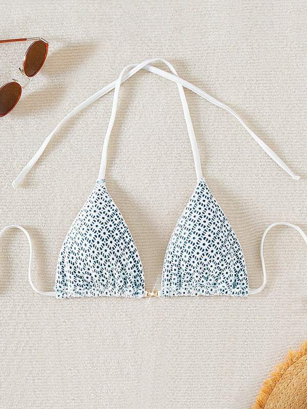 Swim Mod Women's Plain Textured Fabric Halter Triangle Bikini Top, For Beach, Summer
