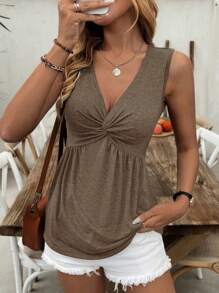 SHEIN LUNE 女士休闲前扭褶褶皱 V 领无袖背心，夏季 - 咖啡棕 - 查看 5