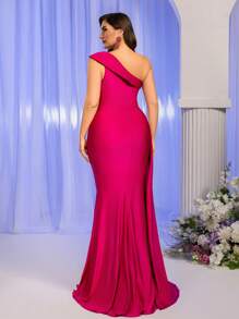 Glamrae Plus Size Elegant Formal Evening Gown,Maroon Spring Sequins Beaded Asymmetric Shoulder Split Heavy Work Embellished Prom Wedding Guest Party Dress - Hot Pink - View 5