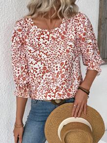 EMERY ROSE Camisa casual de cuello redondo con estampado floral para vacaciones (patrón floral cortado al azar) - Multicolor - Ver 6