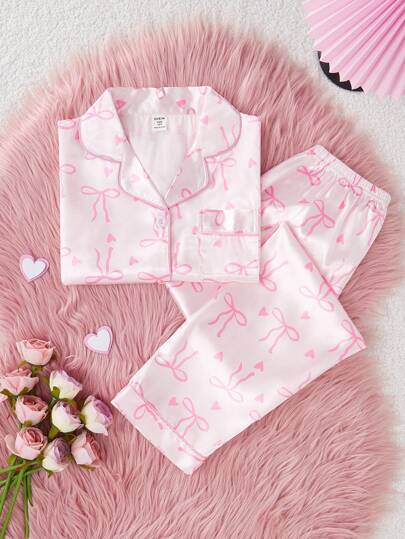 2pcs Girls Cute Bow Print Polo Collar Cardigan Short Sleeve Top & Casual Long Pants Comfortable Pajamas Set,Summer,Travel