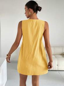 Siren Gaze Vestido corto casual sin mangas de mujer con pliegues y amarres delanteros en unicolor