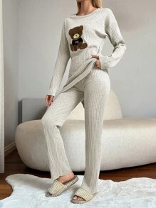 EURMUSE Femei 2 bucăți ocazional urs broderie gât rotund mânecă lungă top și pantaloni set de servicii acasă, toamnă - Bej - Vizualizare 5