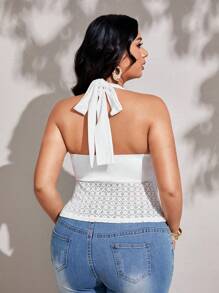 Viva Relle Women's Summer Plus Size Twisted Stitching Bowknot Hollow Lace Stitching Halter Top - White - View 2